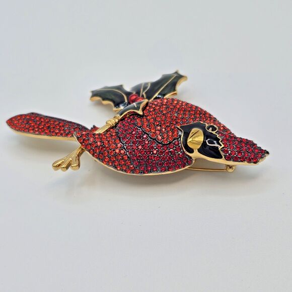 Joan Rivers Cardinal Brooch Vtg Pave Crystal Bird Enamel Holly Holiday Winter - Picture 10 of 14